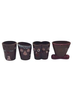 Vintage Novelty Redware Pottery Face Shot Glasses Japan MCM Barware Set of 4
